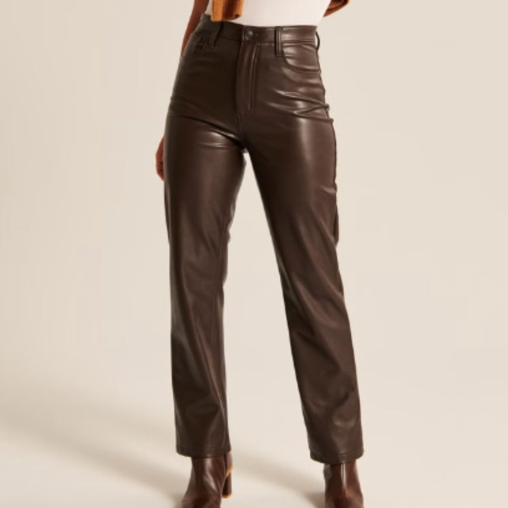 Abercrombie Curve Love Vegan Leather 90s Straight Pant - DARK BROWN, 30 LONG